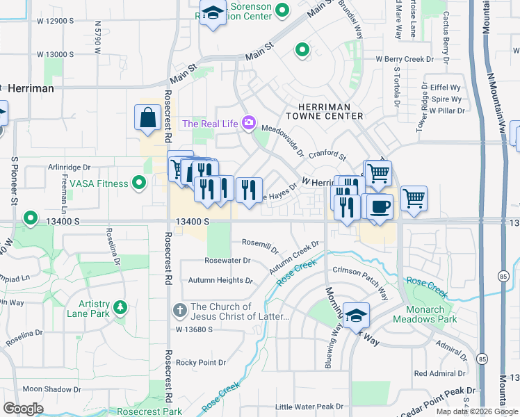 map of restaurants, bars, coffee shops, grocery stores, and more near 13396 South Nova Vista Lane in Herriman