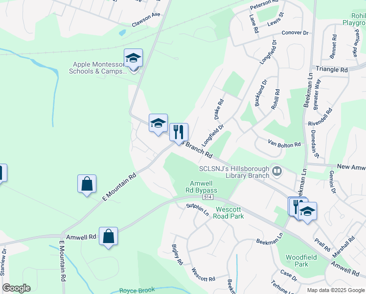 map of restaurants, bars, coffee shops, grocery stores, and more near in Hillsborough Township