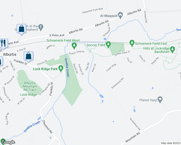 map of restaurants, bars, coffee shops, grocery stores, and more near 3570 Knerr Drive in Macungie