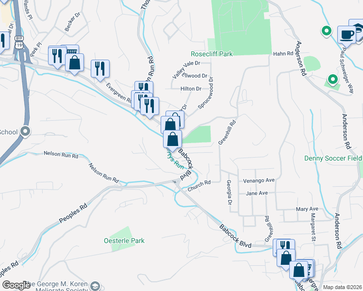 map of restaurants, bars, coffee shops, grocery stores, and more near 2104 Babcock Boulevard in Pittsburgh