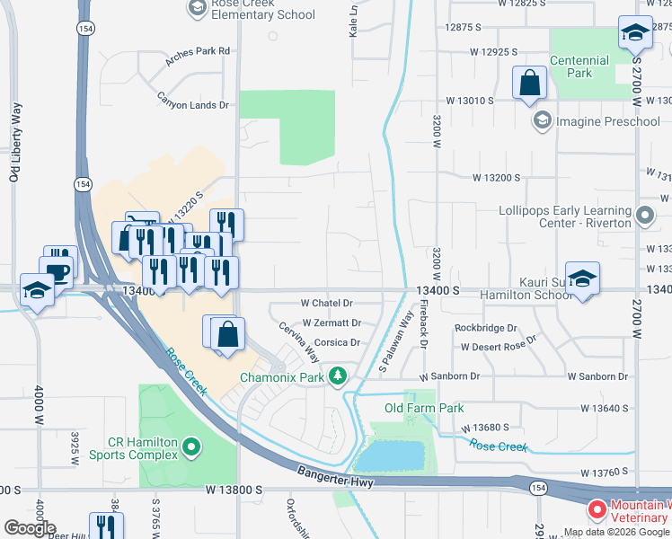 map of restaurants, bars, coffee shops, grocery stores, and more near 13341 South 3400 West in Riverton