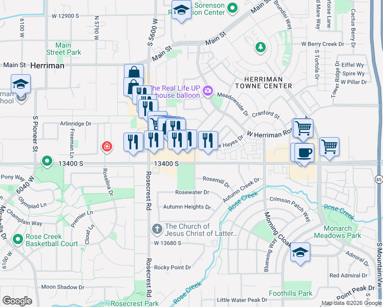 map of restaurants, bars, coffee shops, grocery stores, and more near 13352 South Moseley Way in Herriman
