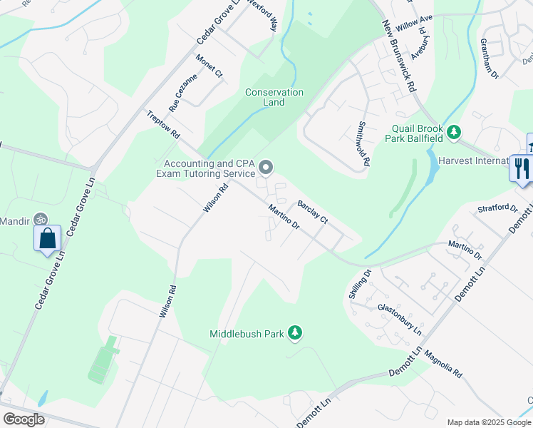 map of restaurants, bars, coffee shops, grocery stores, and more near 3 Steeplechase Court in Franklin Township