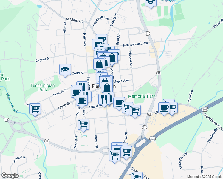 map of restaurants, bars, coffee shops, grocery stores, and more near 29 Spring Street in Flemington