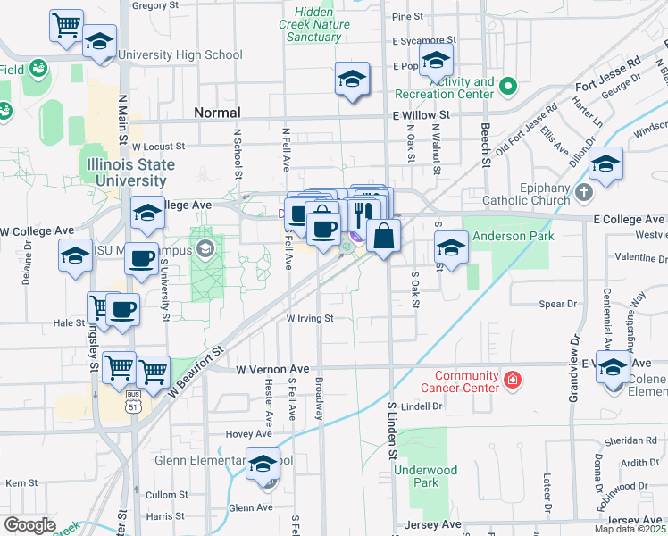 map of restaurants, bars, coffee shops, grocery stores, and more near in Normal