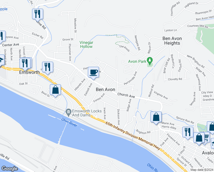 map of restaurants, bars, coffee shops, grocery stores, and more near 307 Forest Avenue in Pittsburgh