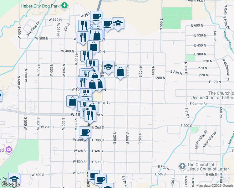 map of restaurants, bars, coffee shops, grocery stores, and more near 66 North 200 East in Heber City
