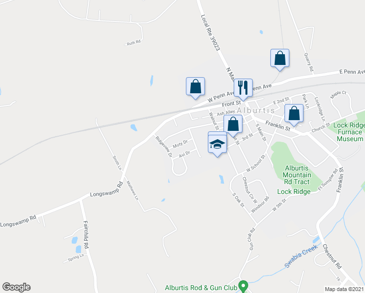 map of restaurants, bars, coffee shops, grocery stores, and more near 338 Moty Drive in Alburtis