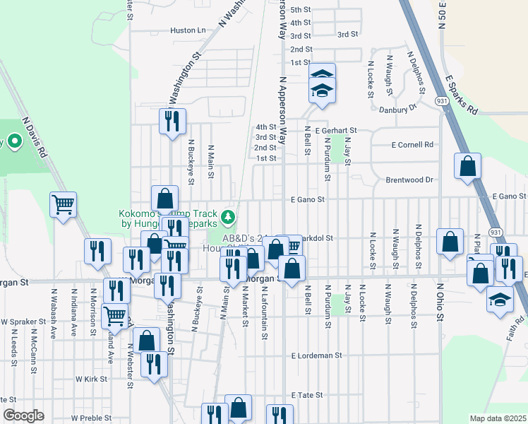 map of restaurants, bars, coffee shops, grocery stores, and more near 2310 North Lafountain Street in Kokomo