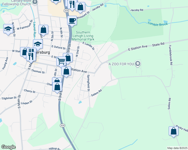 map of restaurants, bars, coffee shops, grocery stores, and more near 71 East Station Avenue in Coopersburg