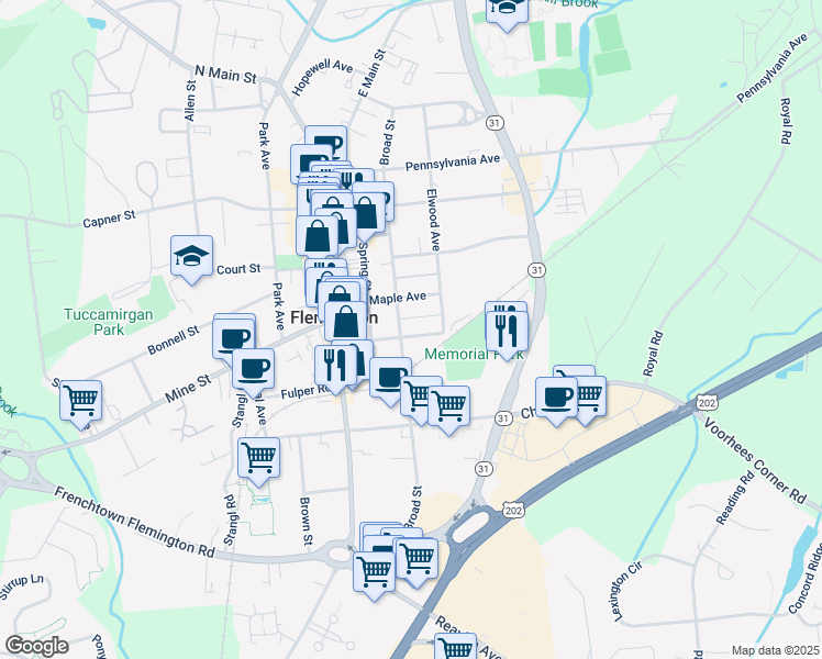 map of restaurants, bars, coffee shops, grocery stores, and more near 26 William Street in Flemington