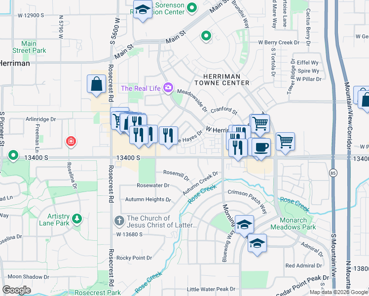 map of restaurants, bars, coffee shops, grocery stores, and more near Alto Vista Lane in Herriman