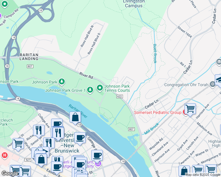 map of restaurants, bars, coffee shops, grocery stores, and more near 443 River Road in Highland Park