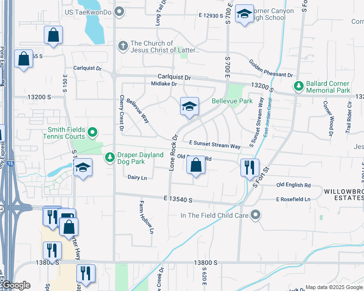 map of restaurants, bars, coffee shops, grocery stores, and more near 552 East Sunset Stream Way in Draper