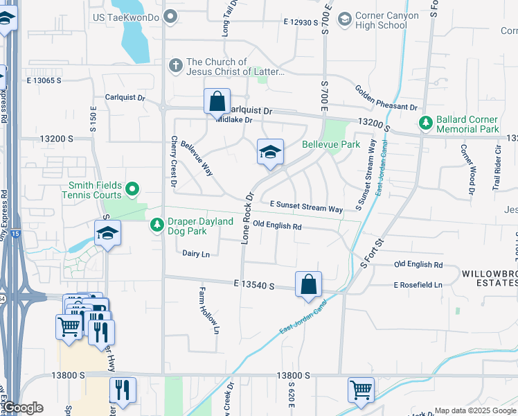 map of restaurants, bars, coffee shops, grocery stores, and more near 552 East Sunset Stream Way in Draper