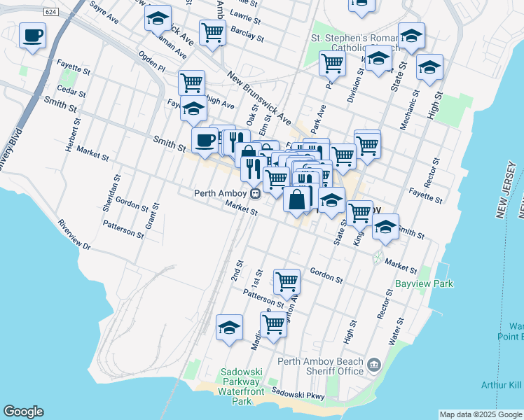 map of restaurants, bars, coffee shops, grocery stores, and more near 271 Maple Street in Perth Amboy