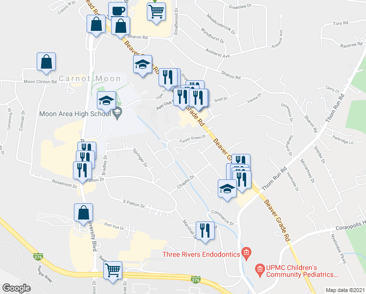 map of restaurants, bars, coffee shops, grocery stores, and more near 300 McKinney Drive in Coraopolis