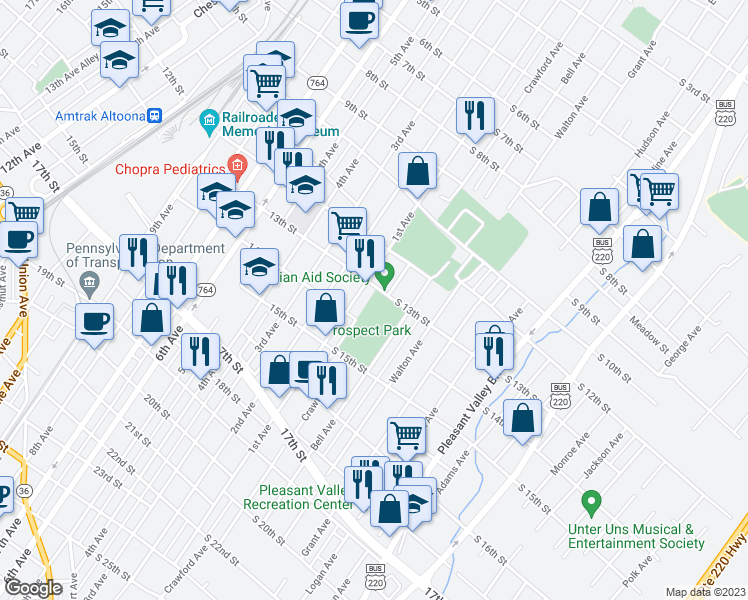 map of restaurants, bars, coffee shops, grocery stores, and more near 109-13 South 13th Street in Altoona