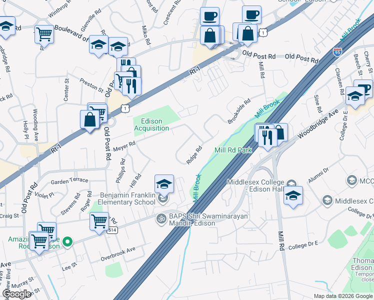 map of restaurants, bars, coffee shops, grocery stores, and more near 9 Ridge Road in Edison