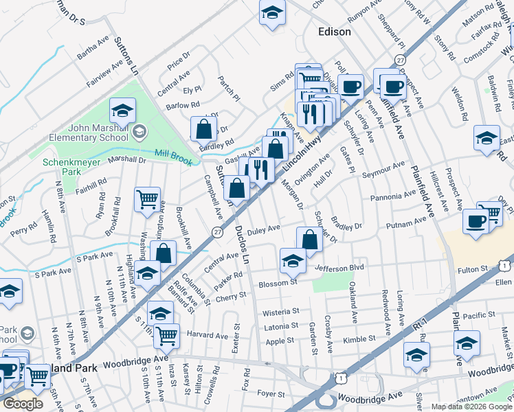 map of restaurants, bars, coffee shops, grocery stores, and more near 44 Belmont Avenue in Edison