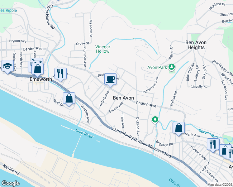 map of restaurants, bars, coffee shops, grocery stores, and more near 311 Breading Avenue in Pittsburgh