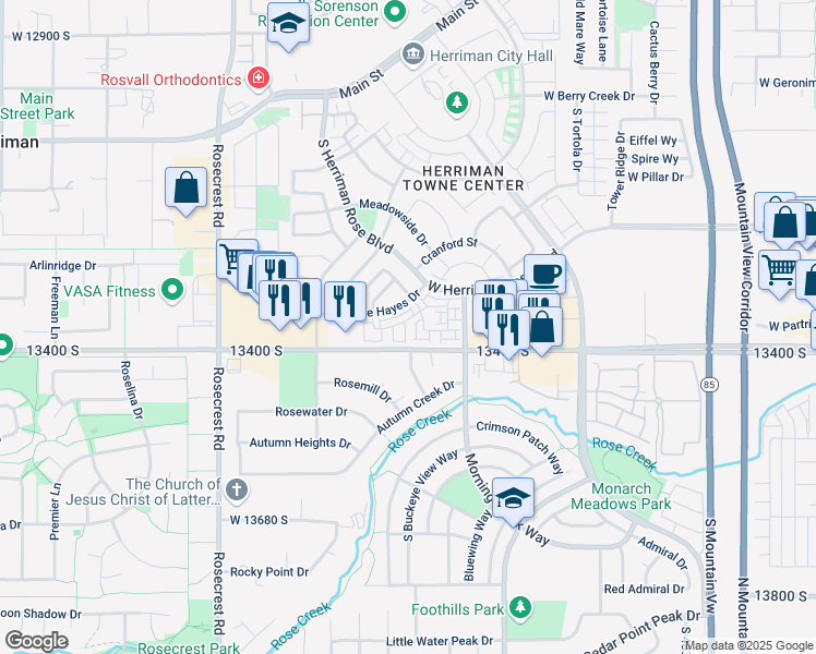 map of restaurants, bars, coffee shops, grocery stores, and more near 13377 Vitasol Lane in Herriman