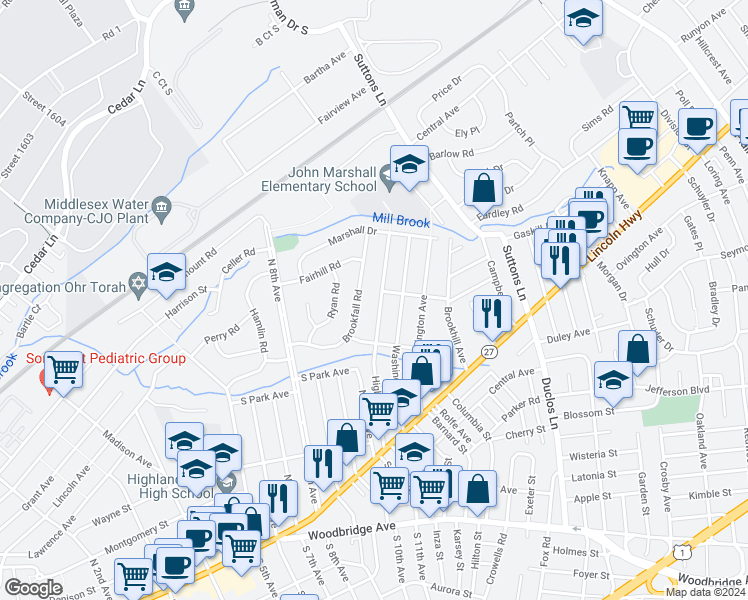 map of restaurants, bars, coffee shops, grocery stores, and more near 136 Highland Avenue in Edison