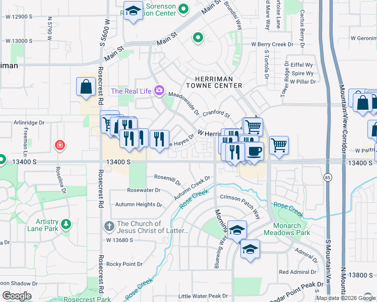 map of restaurants, bars, coffee shops, grocery stores, and more near 13377 Vitasol Lane in Herriman