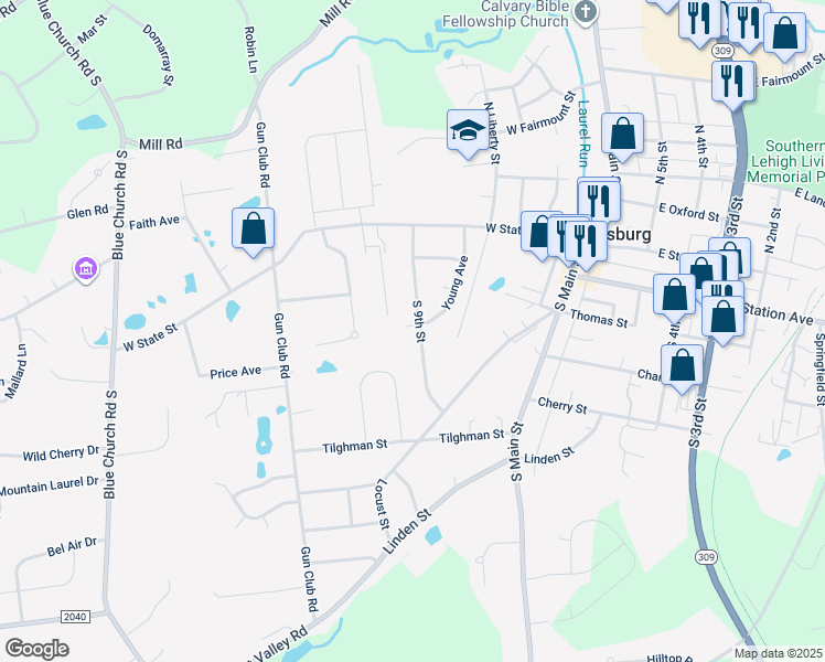 map of restaurants, bars, coffee shops, grocery stores, and more near 205 South 9th Street in Coopersburg