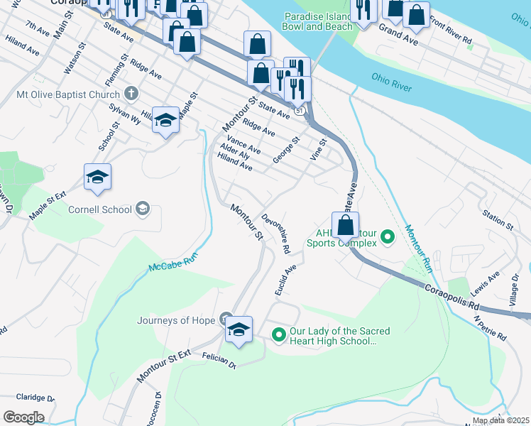 map of restaurants, bars, coffee shops, grocery stores, and more near 1627 Edgewood Avenue in Coraopolis
