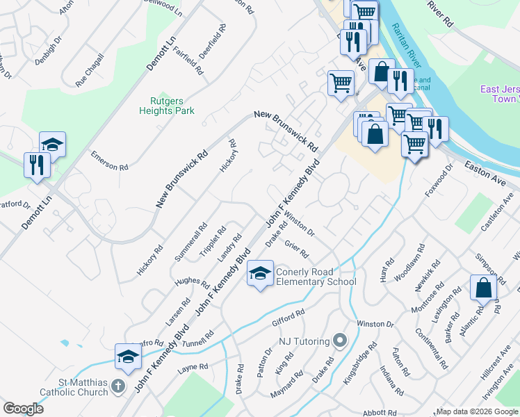 map of restaurants, bars, coffee shops, grocery stores, and more near 3 Webster Road in Franklin Township