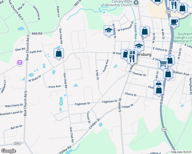 map of restaurants, bars, coffee shops, grocery stores, and more near 205 South 9th Street in Coopersburg