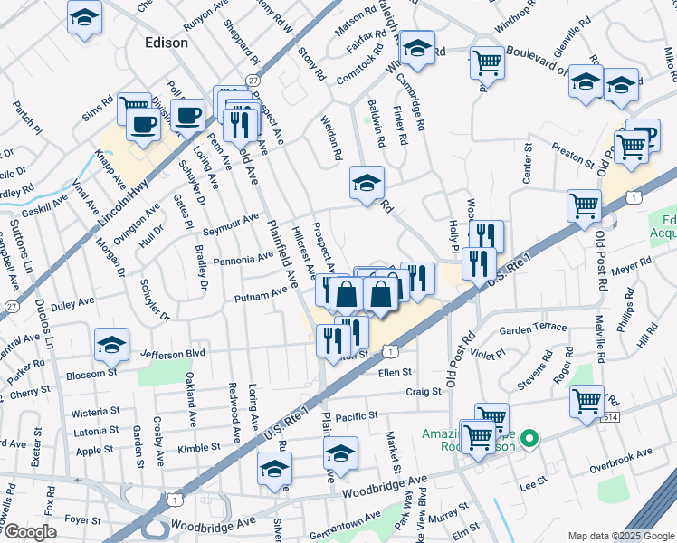 map of restaurants, bars, coffee shops, grocery stores, and more near 21 Prospect Avenue in Edison
