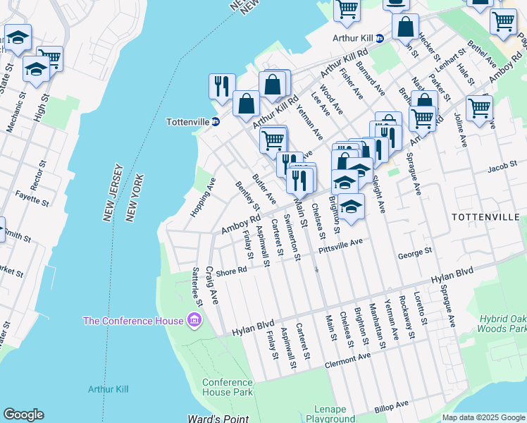 map of restaurants, bars, coffee shops, grocery stores, and more near 7601 Amboy Road in Staten Island