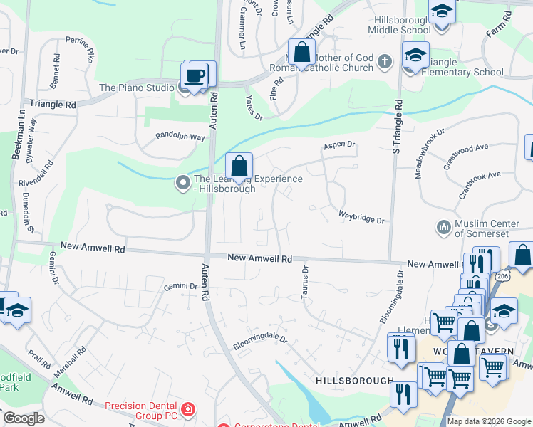 map of restaurants, bars, coffee shops, grocery stores, and more near 1503 William and Mary Common in Hillsborough Township