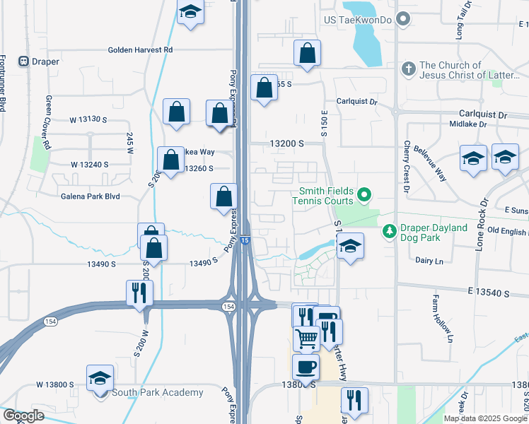 map of restaurants, bars, coffee shops, grocery stores, and more near 63 Bridle Villa Drive in Draper