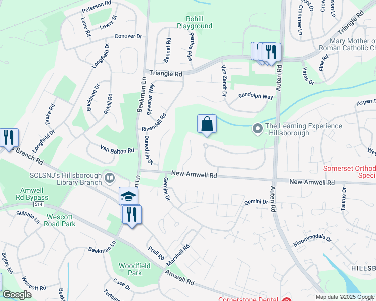 map of restaurants, bars, coffee shops, grocery stores, and more near 16 Lorien Place in Somerset County