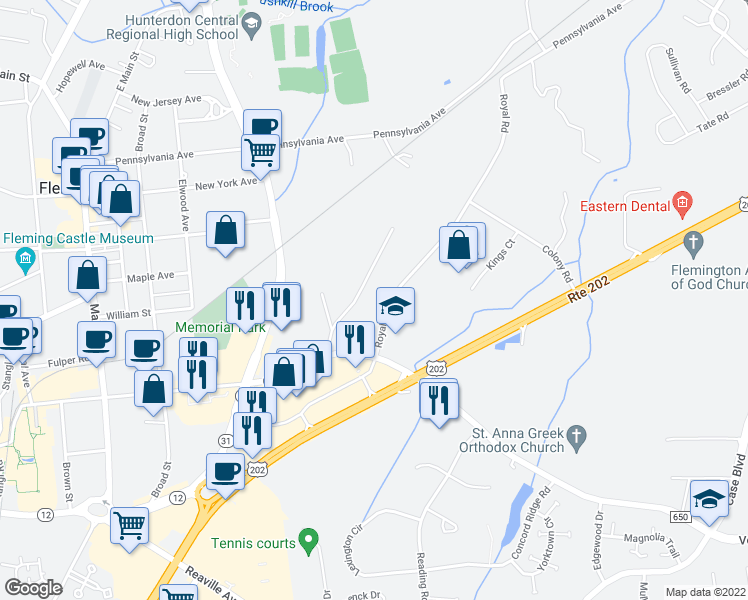 map of restaurants, bars, coffee shops, grocery stores, and more near 11 Royal Road in Flemington