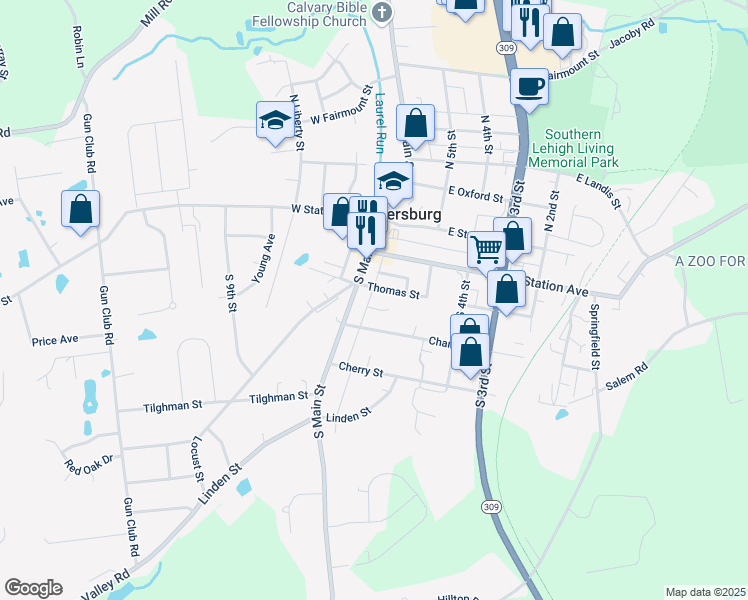 map of restaurants, bars, coffee shops, grocery stores, and more near 562 Thomas Street in Coopersburg