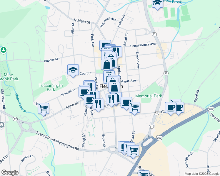 map of restaurants, bars, coffee shops, grocery stores, and more near in Flemington