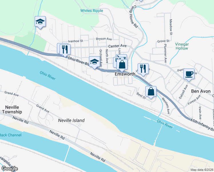 map of restaurants, bars, coffee shops, grocery stores, and more near 94 Maple Avenue in Pittsburgh