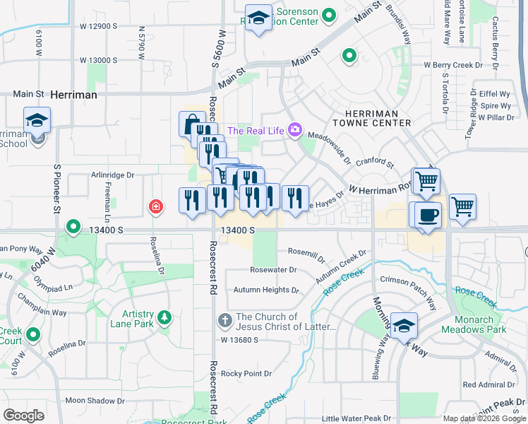 map of restaurants, bars, coffee shops, grocery stores, and more near 13352 South Moseley Way in Herriman