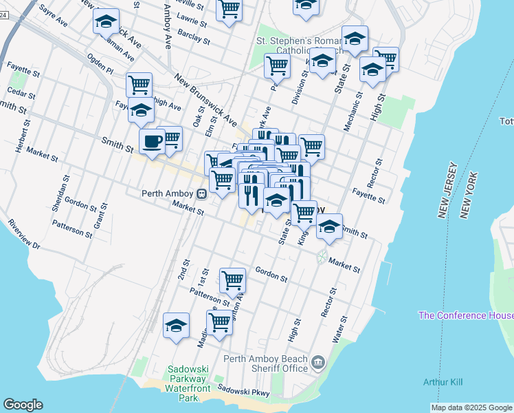 map of restaurants, bars, coffee shops, grocery stores, and more near 160 Smith Street in Perth Amboy