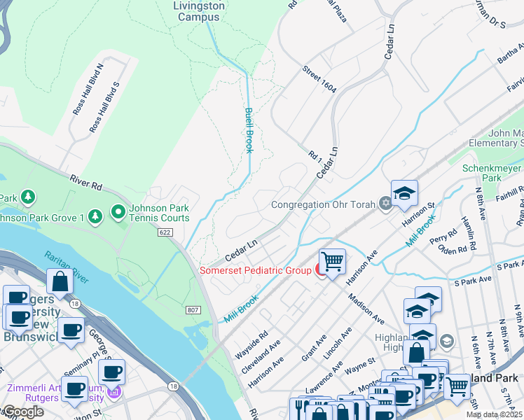 map of restaurants, bars, coffee shops, grocery stores, and more near 33 Maple Court in Highland Park