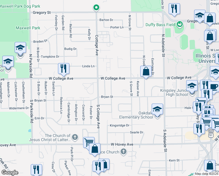 map of restaurants, bars, coffee shops, grocery stores, and more near 106 Nottingham Chase in Normal