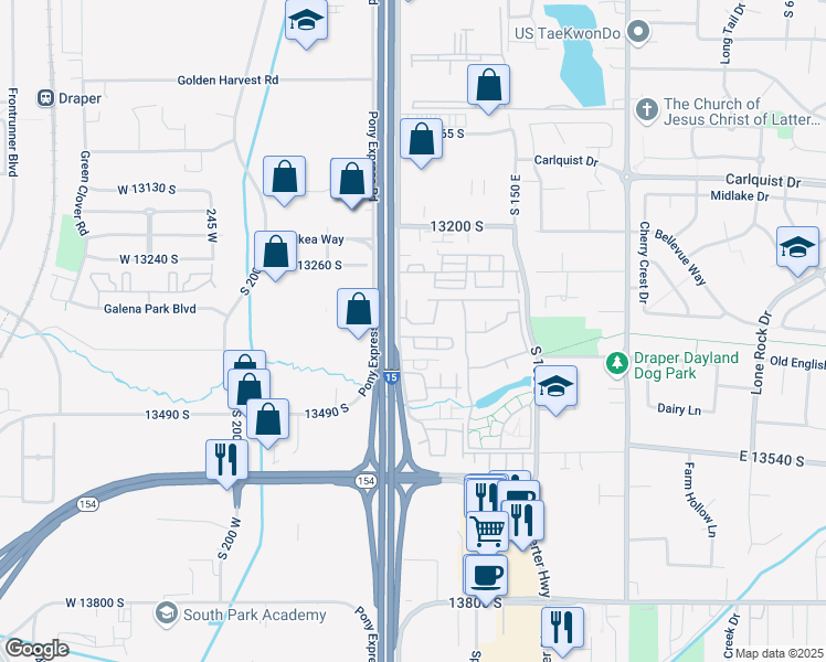 map of restaurants, bars, coffee shops, grocery stores, and more near 59 Bridle Villa Drive in Draper