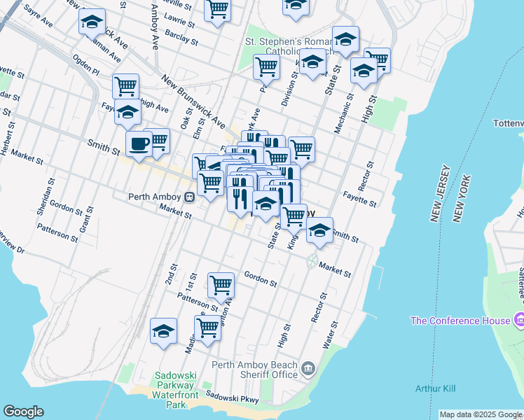 map of restaurants, bars, coffee shops, grocery stores, and more near 160 Smith Street in Perth Amboy