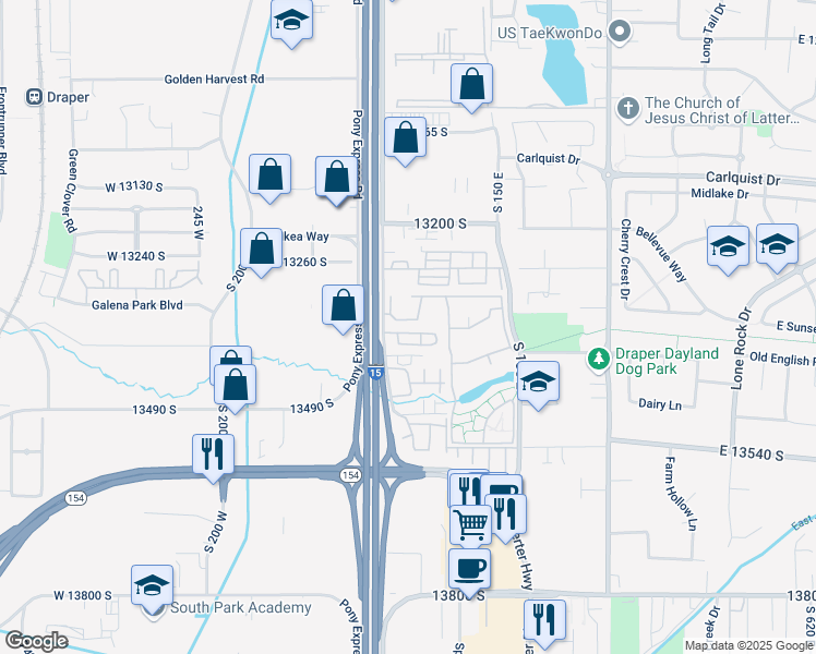 map of restaurants, bars, coffee shops, grocery stores, and more near 63 Bridle Villa Drive in Draper