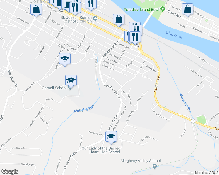 map of restaurants, bars, coffee shops, grocery stores, and more near 1710 Montour Street in Coraopolis