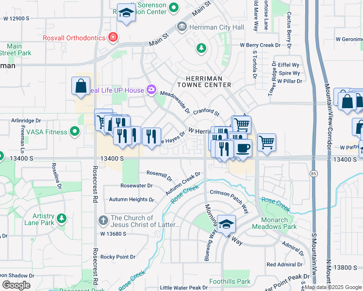map of restaurants, bars, coffee shops, grocery stores, and more near 5287 Solafax Lane in Herriman
